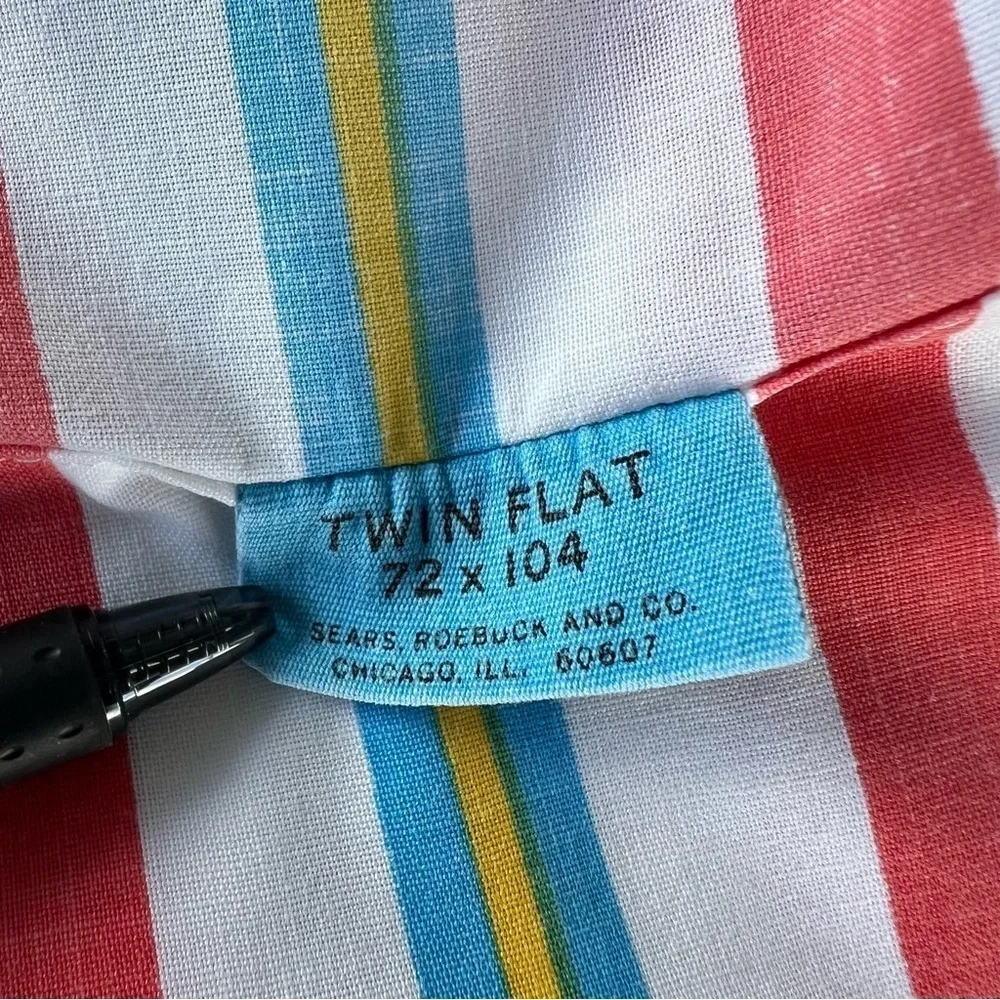 Vintage Sears Striped Bed Sheet Red White Blue Yellow Fine Muslin Twin Flat